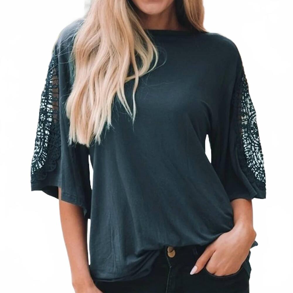 NEW AMARYLLIS crochet inset flutter sleeve top in black